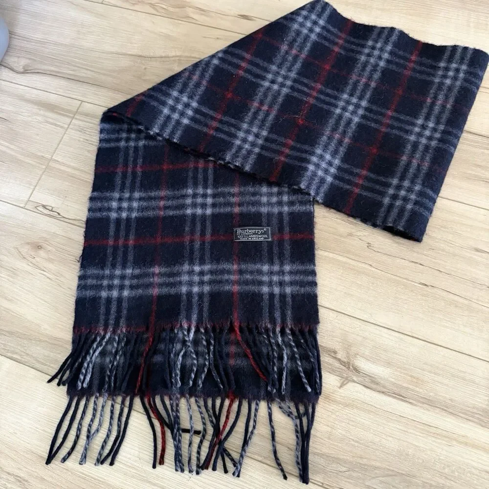 Authentic BURBERRY Lambs Wool Plaid Scarf Blue Red White